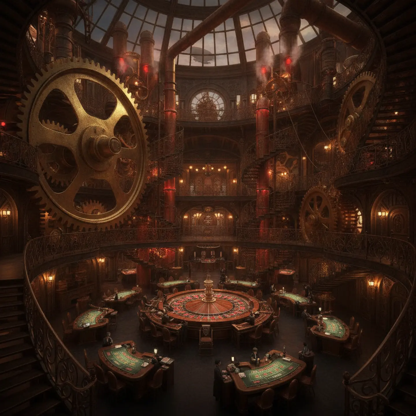 The grand mechanical interior of the Tenidflot Spire social casino